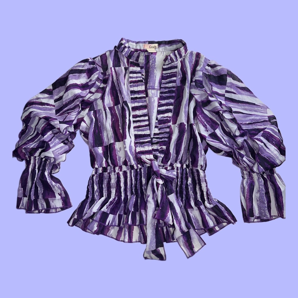 Womens Gracia Purple Striped Ruffle Puff Sleeve Size L